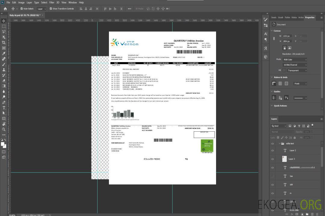 Modèle de facture de service d'eau pour les entreprises de distribution d'eau de la ville de Vernon aux formats Word et PDF États-Unis Canada template